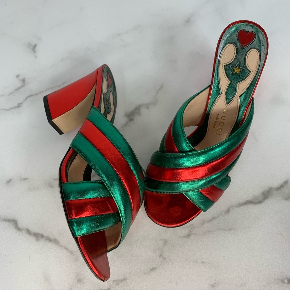 GUCCI Red Green Metallic Leather Chunky Heel Holiday Christmas Mules 38